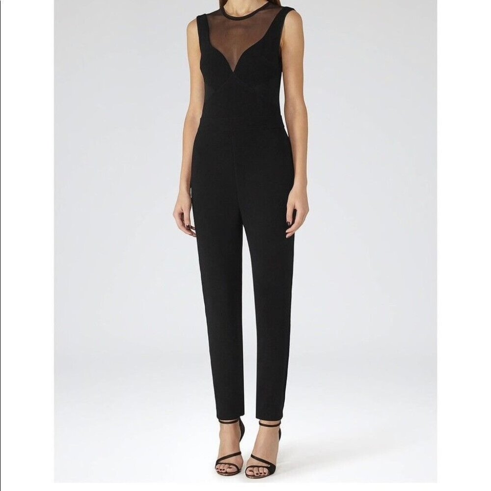 Reiss Black Essen Sheer Mesh Inset Sleeveless Jumpsuit